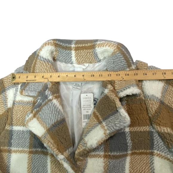 Sabrina Lauren Neutral Plaid Tan Gray Teddy Coat - Women’s Size 1X NWT - Picture 5 of 12